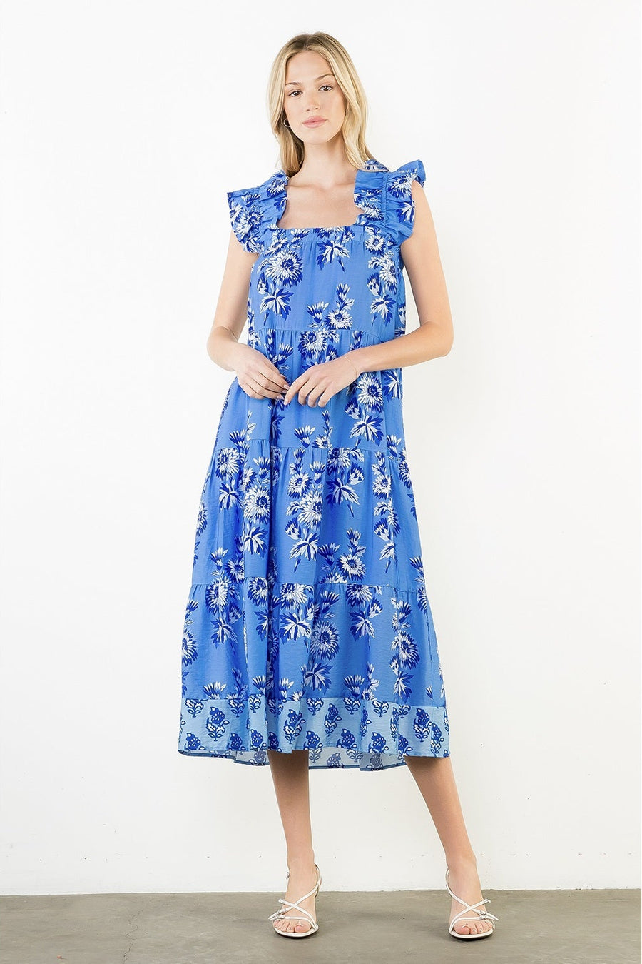 THML Flutter Sleeve Floral Print Tiered Dress
