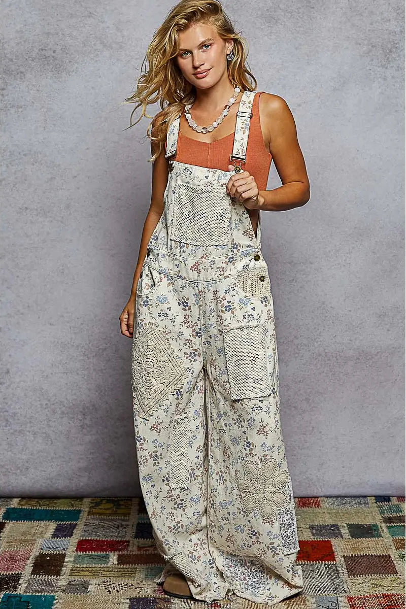 POL Crochet Patch Floral Overalls