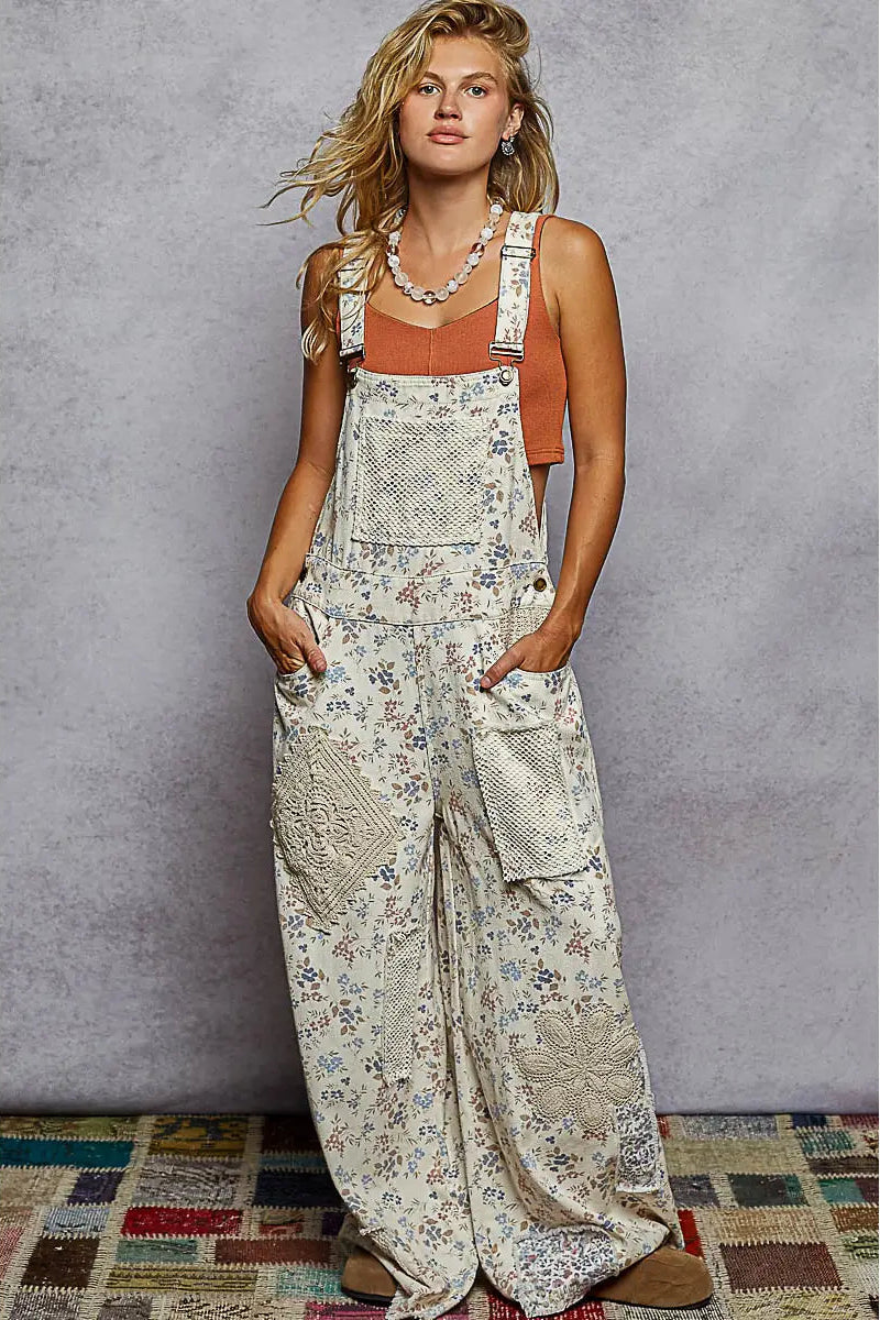 POL Crochet Patch Floral Overalls