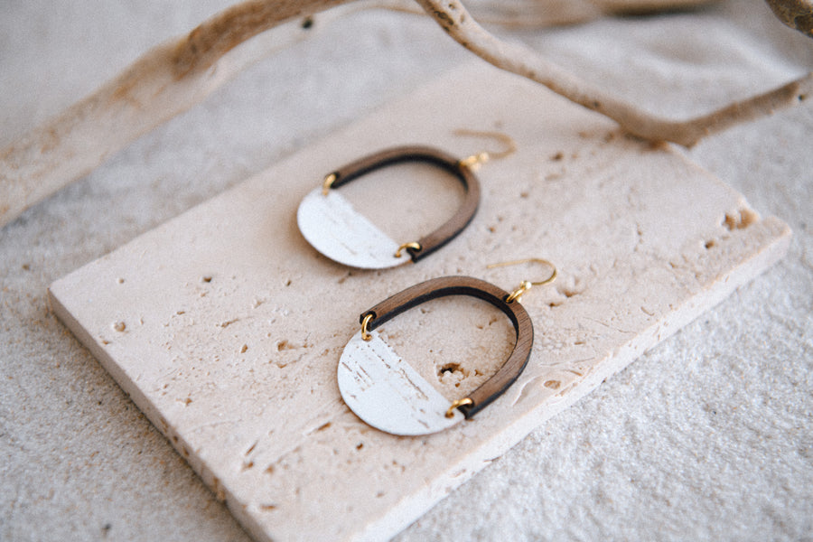 Half Moon Wood and Leather Earrings