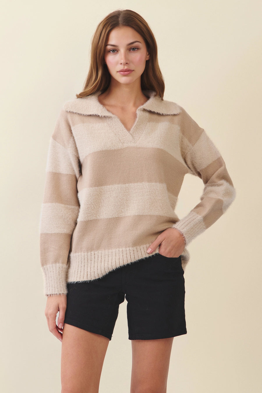PINCH Soft Textured Striped Collar Knit Sweater