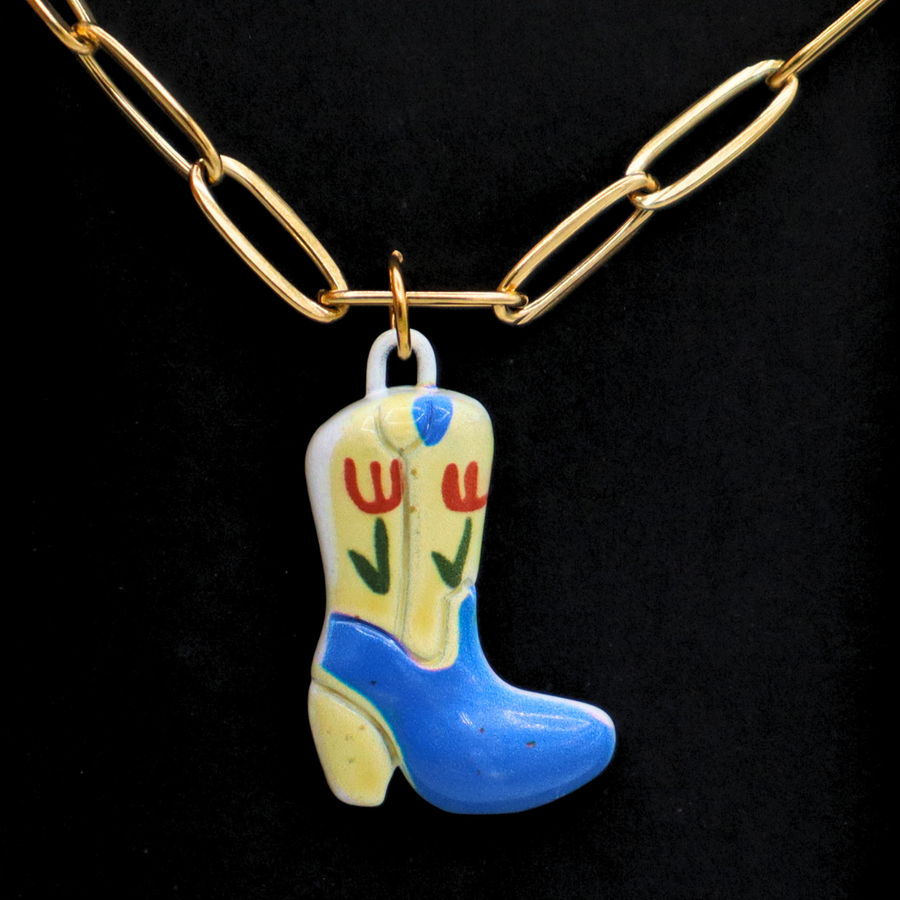 Properly Improper Blue & Tan Cowboy Boot Charm Gold Plated Necklace