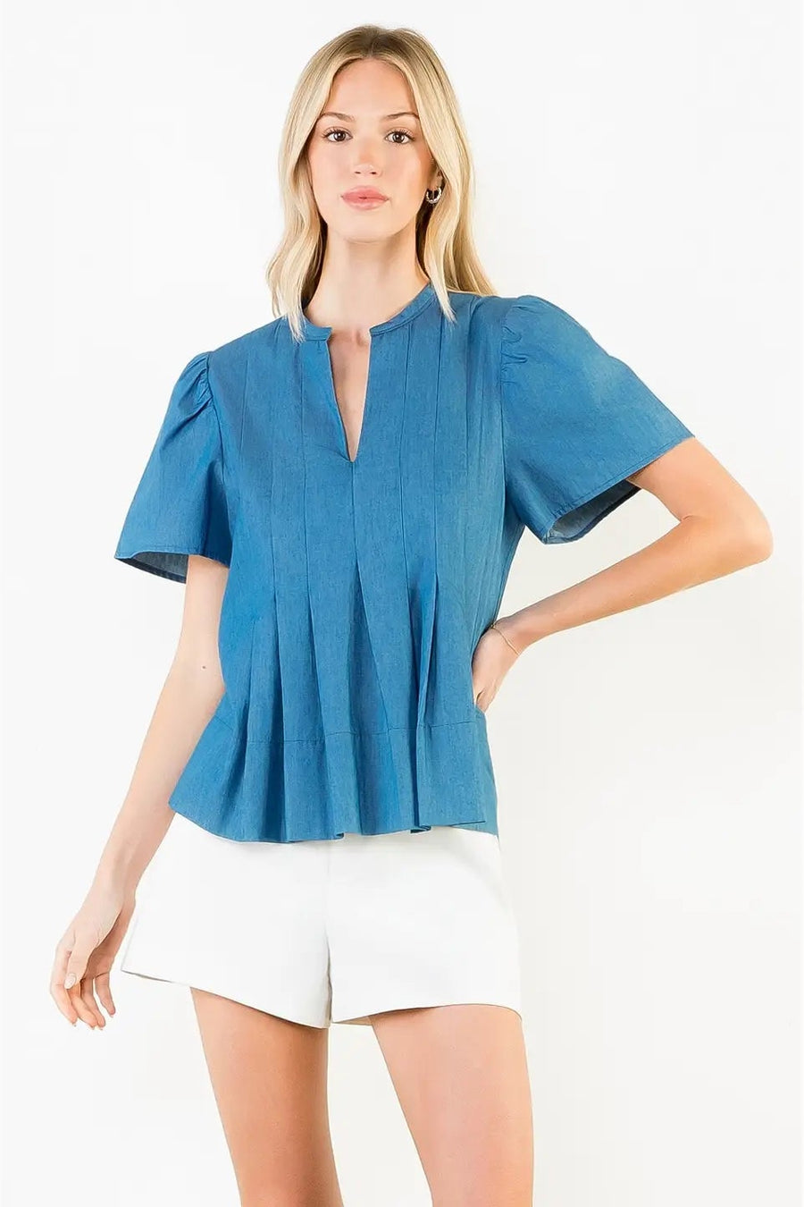 THML Short Sleeve Pleated Split Neck Top