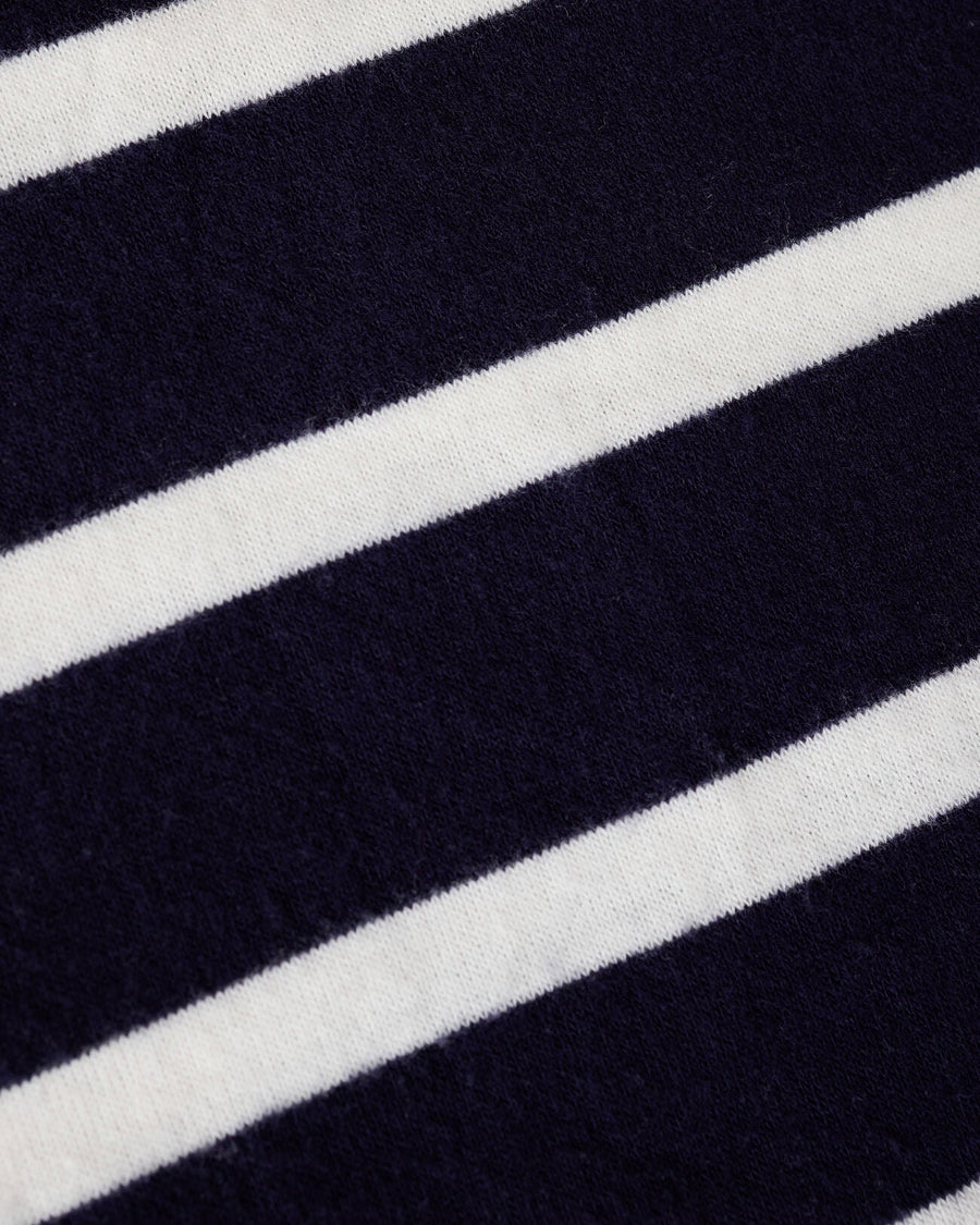 Close-up of navy and white striped fabric