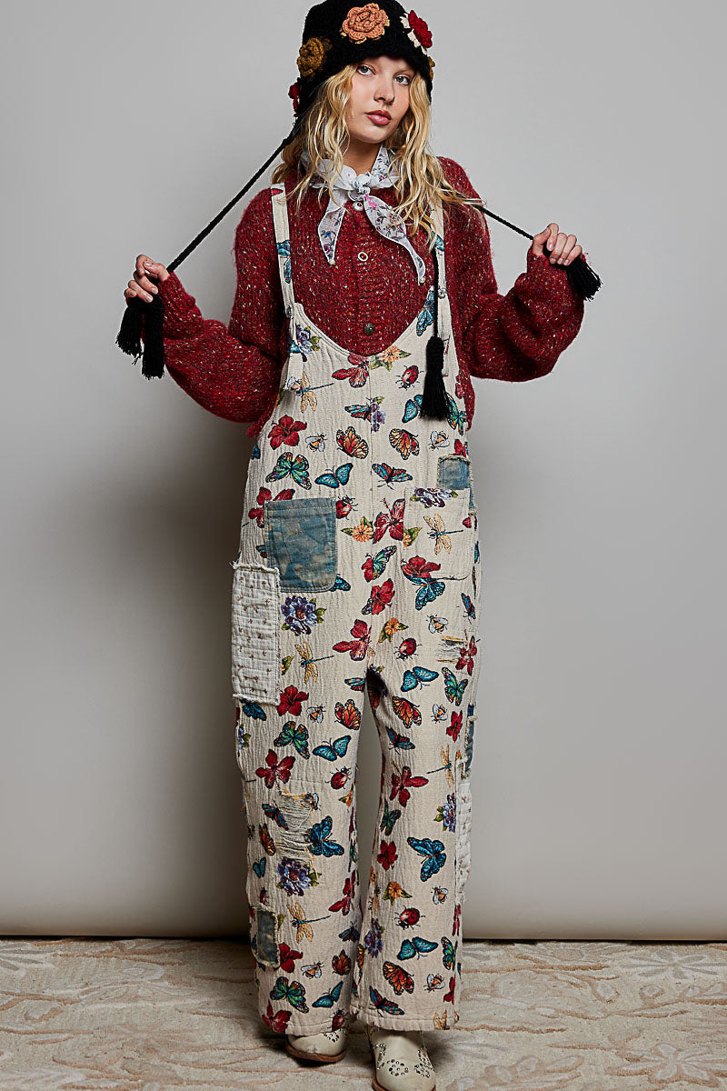 POL Vintage Floral Patchwork Distressed Wide Leg Overalls