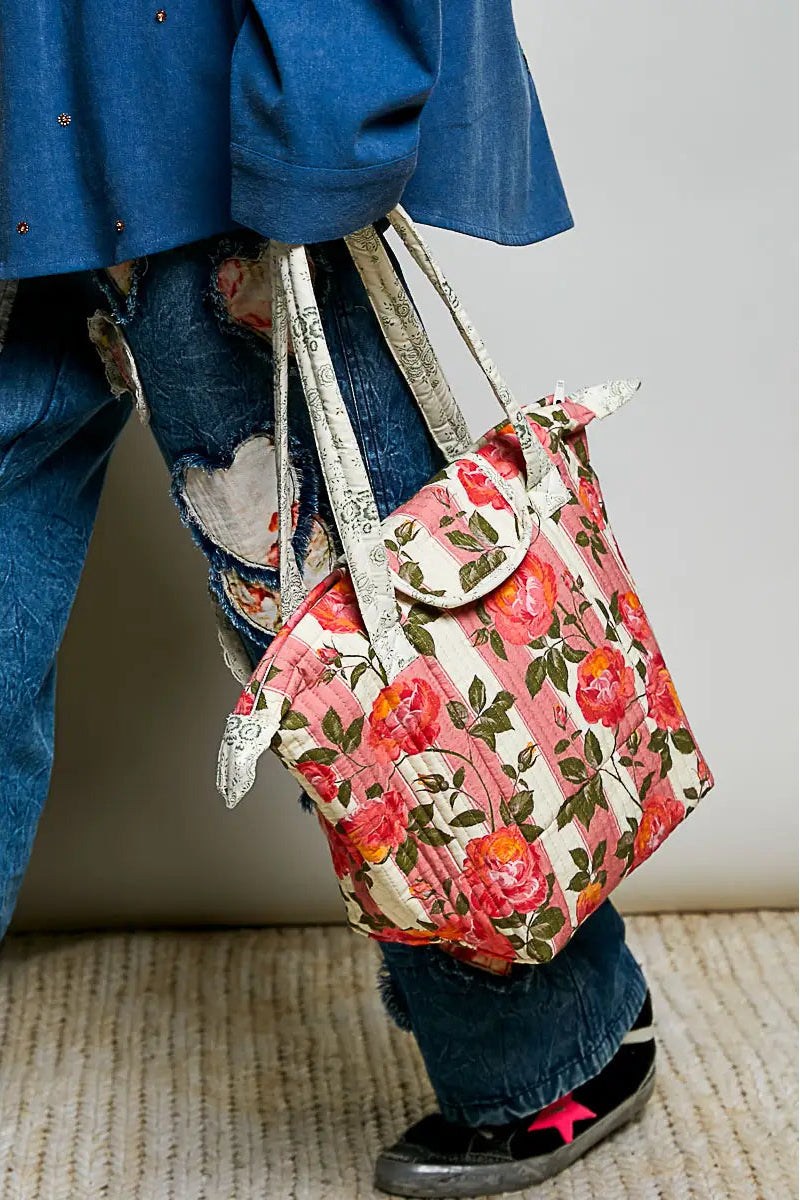 Pol Quilted Floral Rose Vintage Print Tote Bag