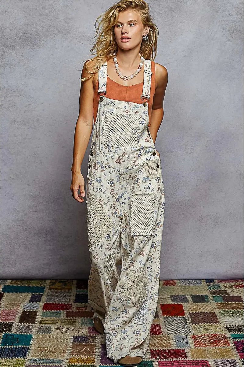 POL Crochet Patch Floral Overalls