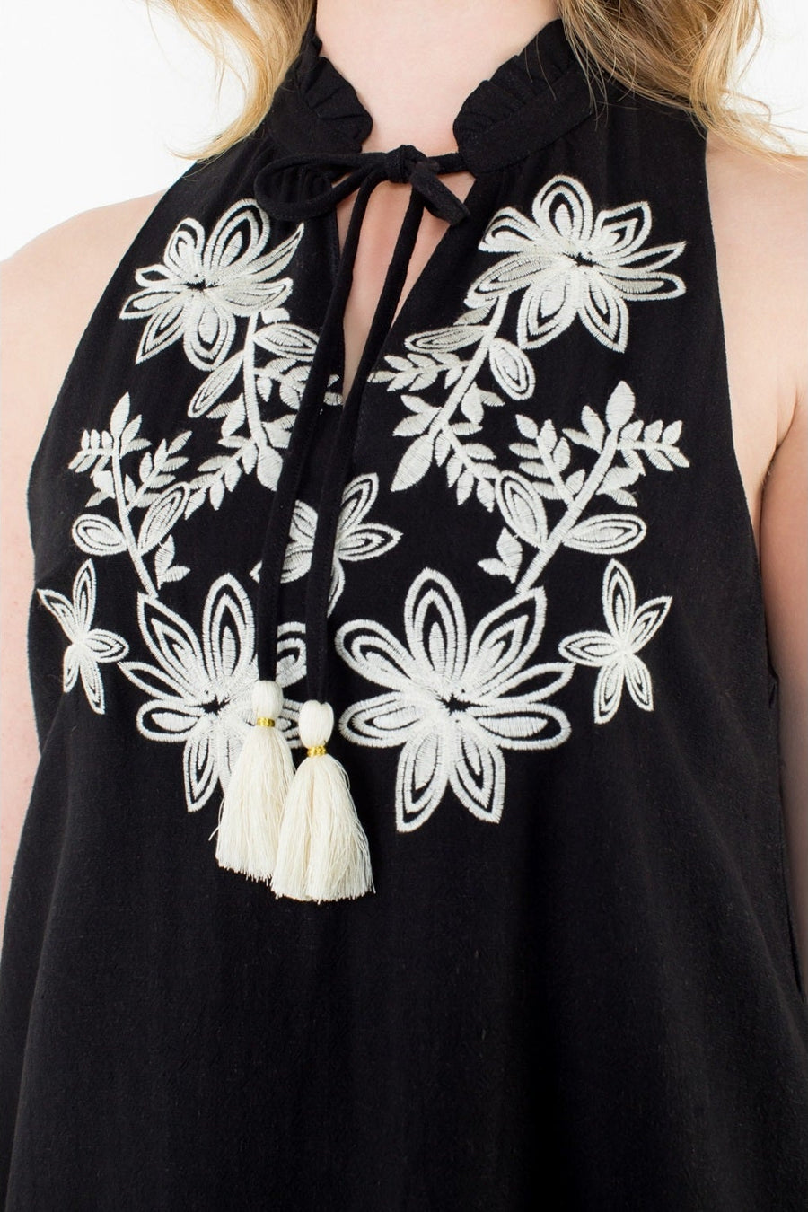 THML Sleeveless Floral Embroidered Tassel Dress