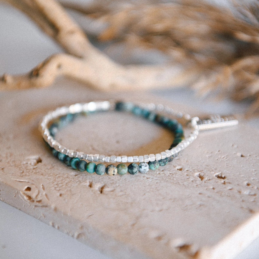 Cecelia African Turquoise Double Wrap Silver Beaded Bracelet