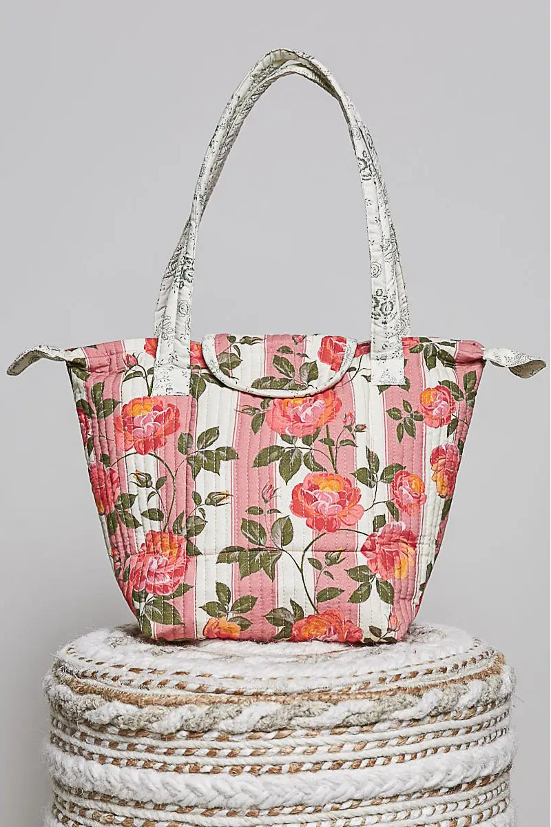 Pol Quilted Floral Rose Vintage Print Tote Bag