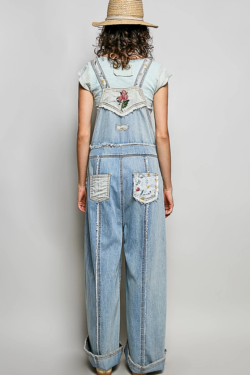 POL Oversized Fit Floral Patchwork Embroidery Overall
