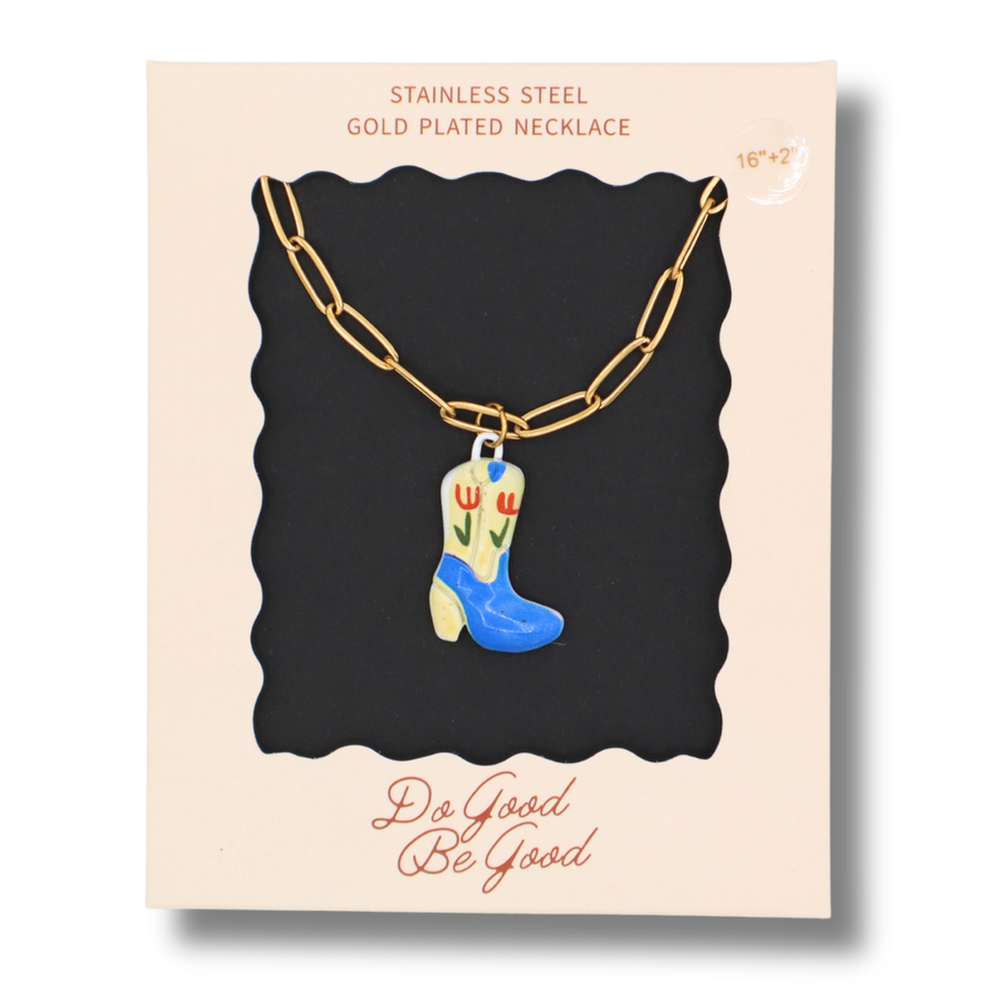 Properly Improper Blue & Tan Cowboy Boot Charm Gold Plated Necklace