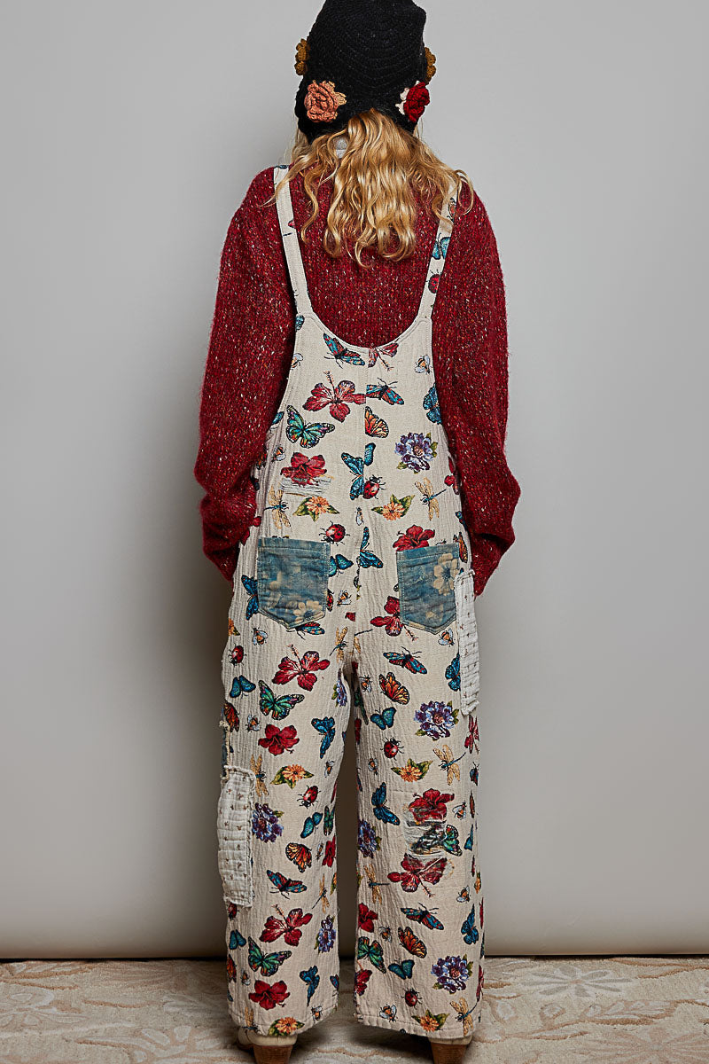 POL Vintage Floral Patchwork Distressed Wide Leg Overalls
