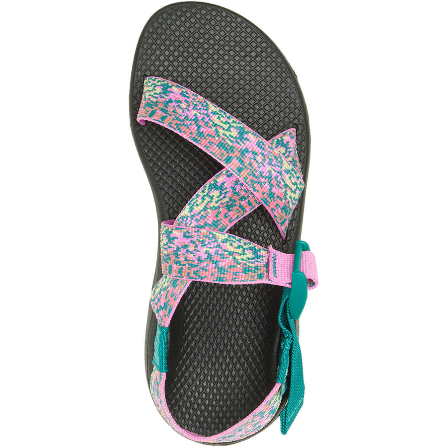 Multicolored sandal with pink and green straps on a white background