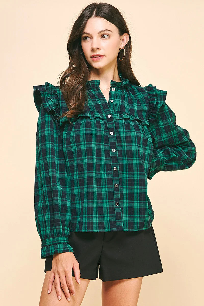 Pinch Ruffled Plaid Blouse