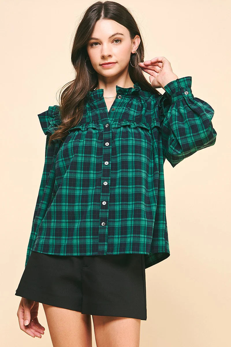 Pinch Ruffled Plaid Blouse