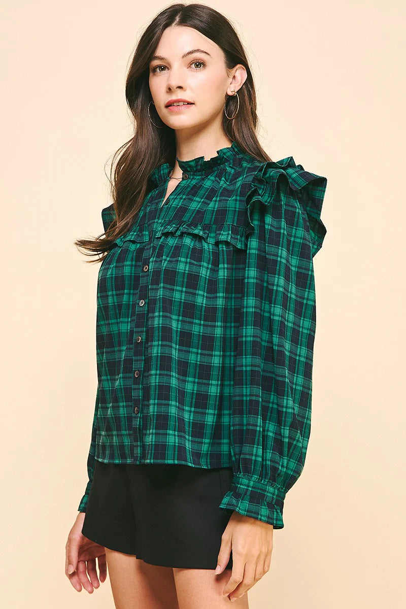 Pinch Ruffled Plaid Blouse