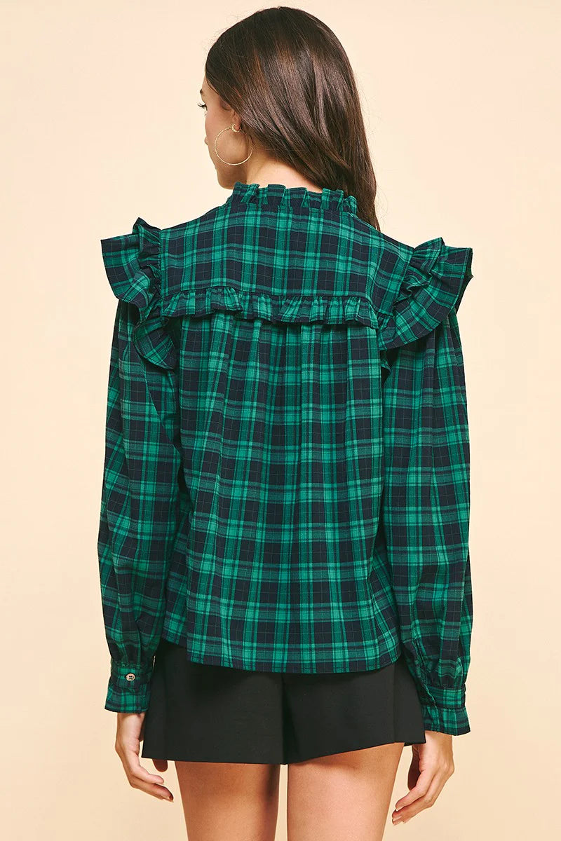 Pinch Ruffled Plaid Blouse