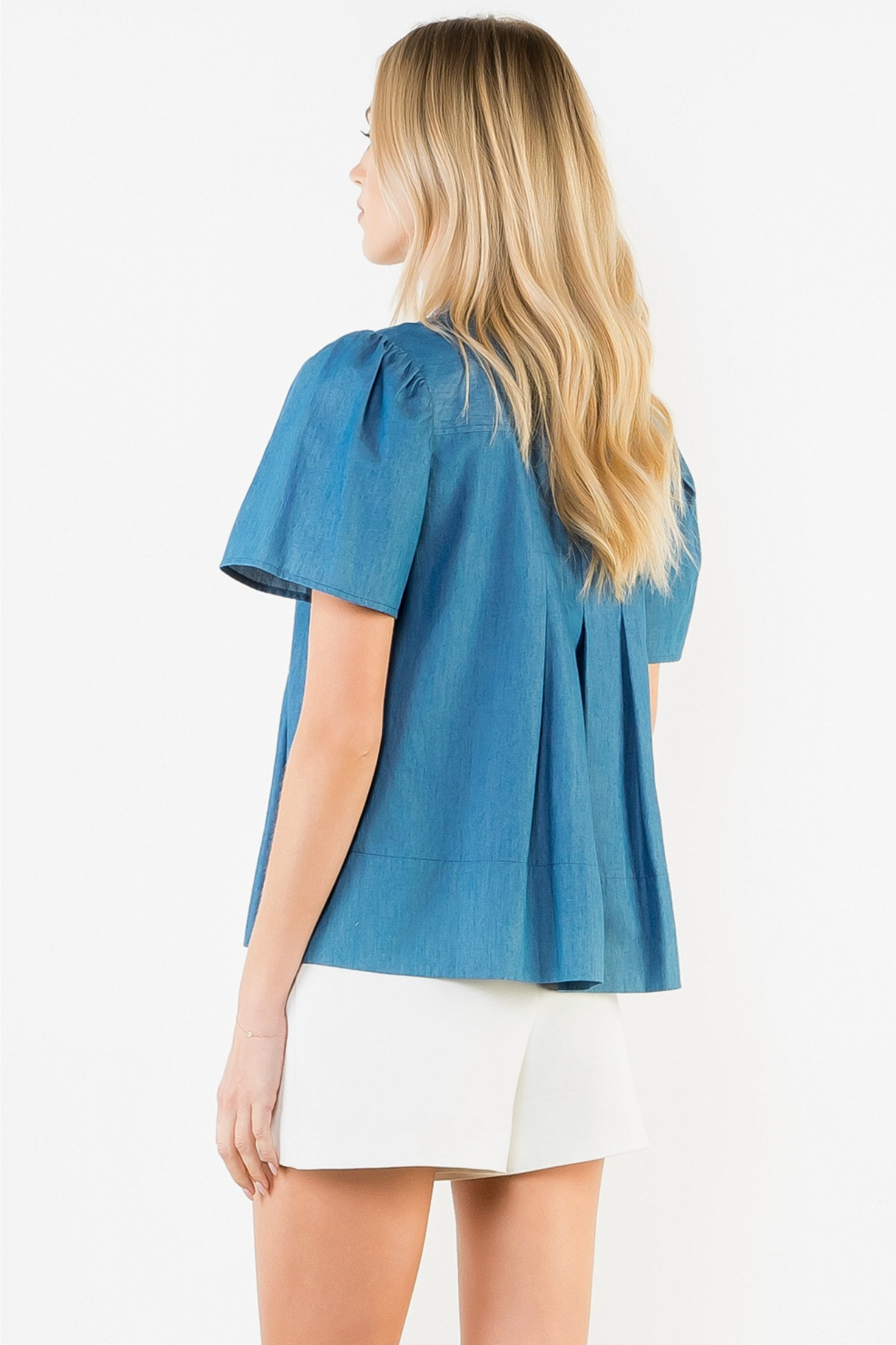 THML Short Sleeve Pleated Split Neck Top