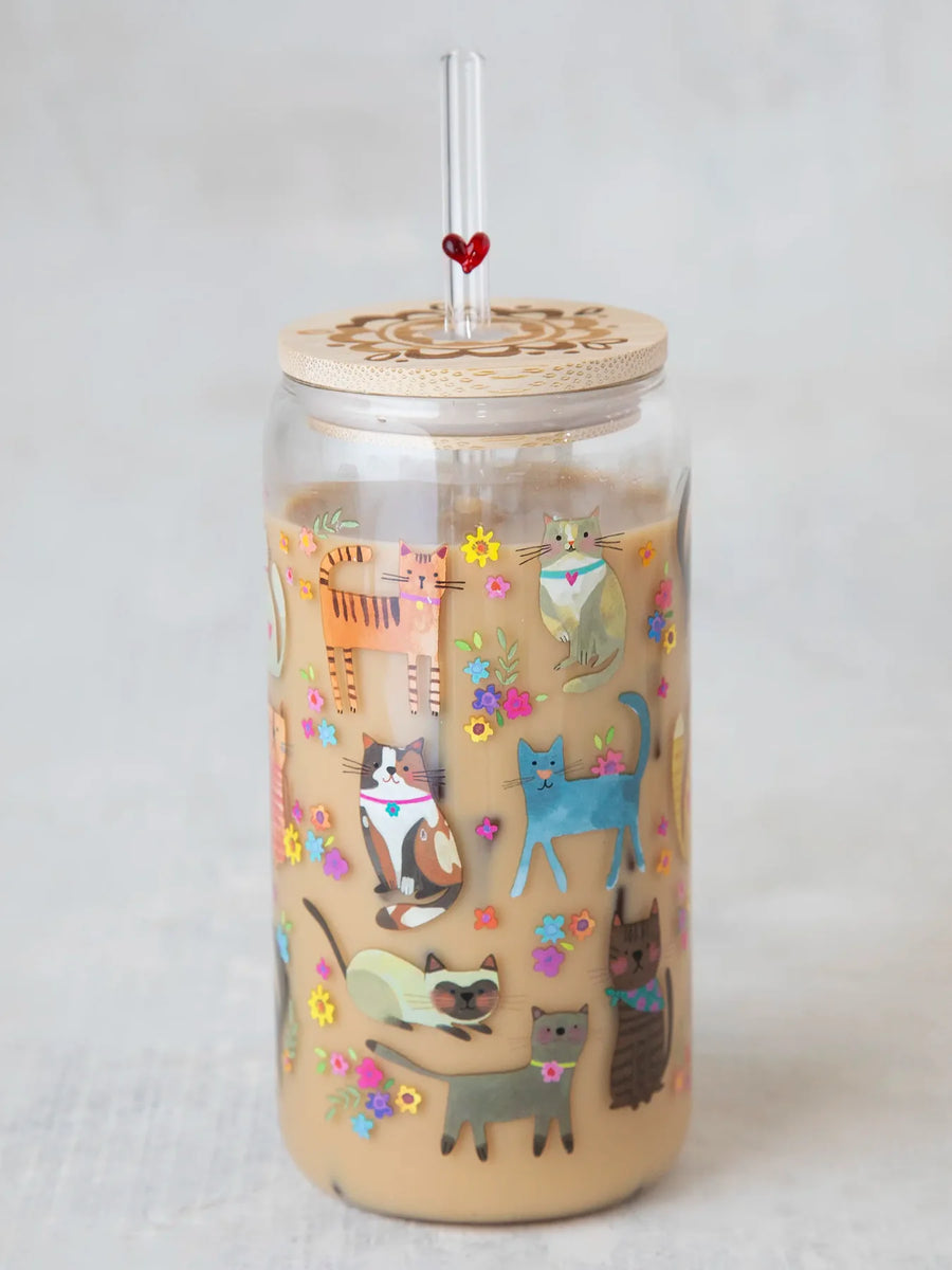 Cats Glass Tumbler With Lid & Straw