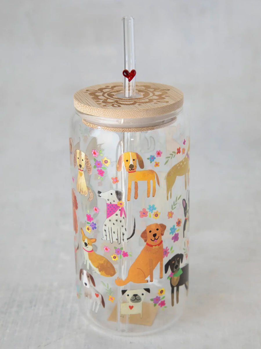 Dogs Glass Tumbler With Lid & Straw