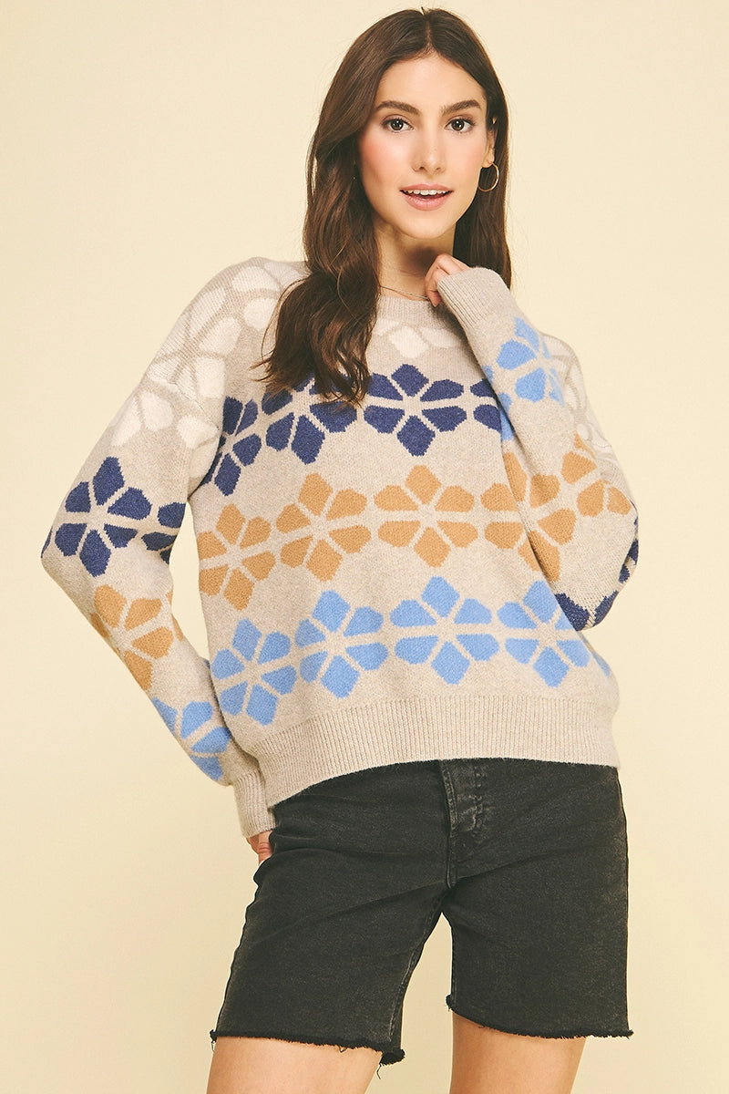 PINCH Geometric Floral Knit Sweater