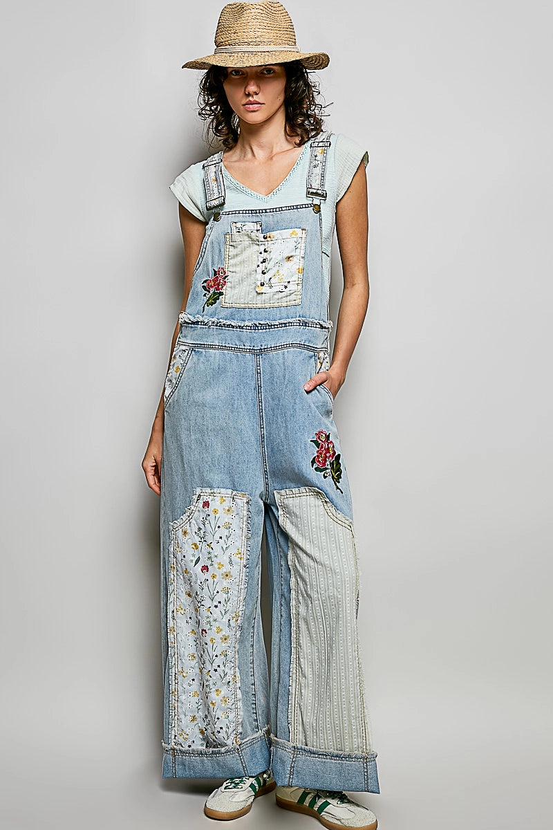 POL Oversized Fit Floral Patchwork Embroidery Overall
