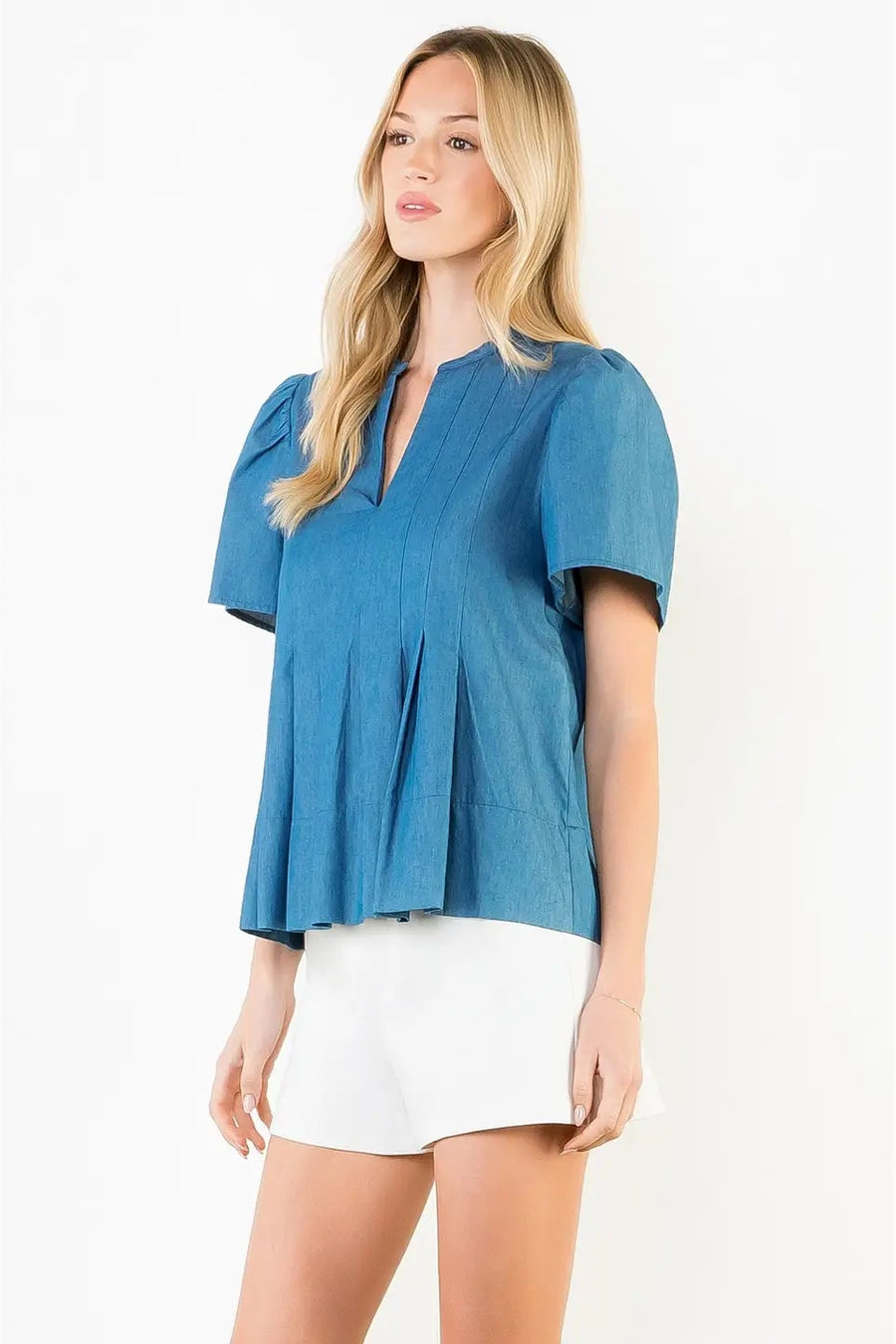 THML Short Sleeve Pleated Split Neck Top