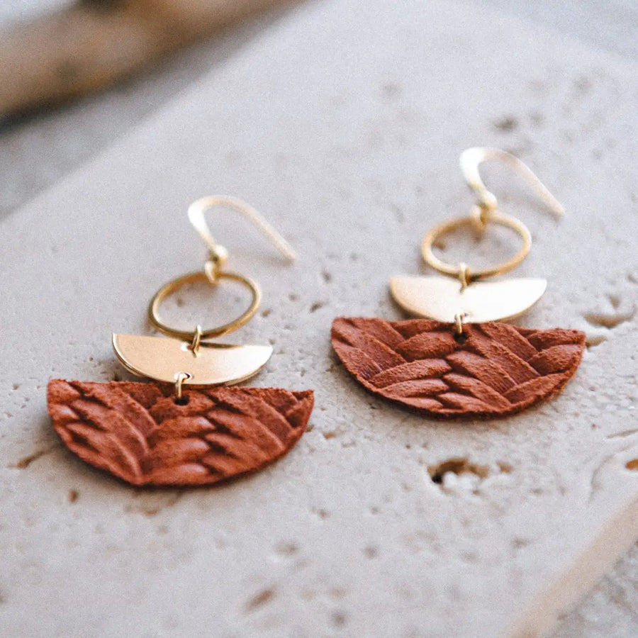 Cecelia Flora Leather & Gold Double Half Moon Earrings