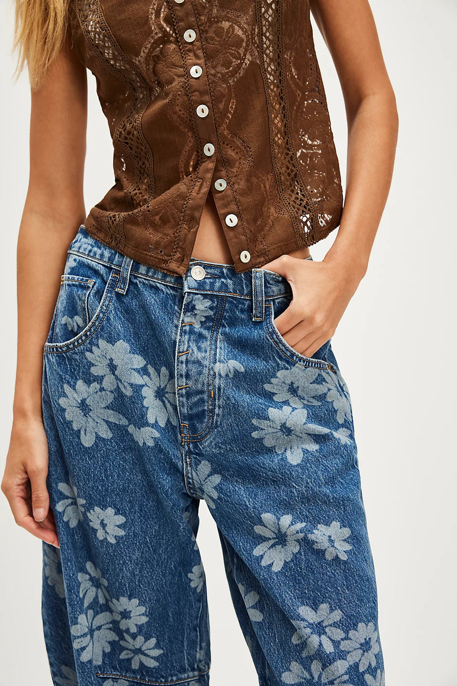 Free People Printed Barrel Jeans