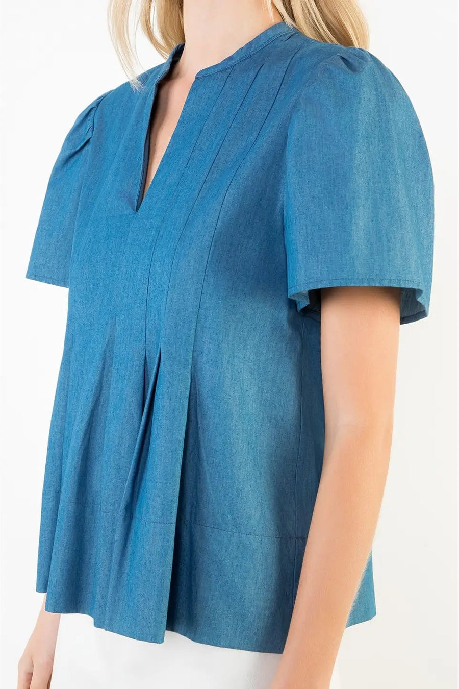 THML Short Sleeve Pleated Split Neck Top