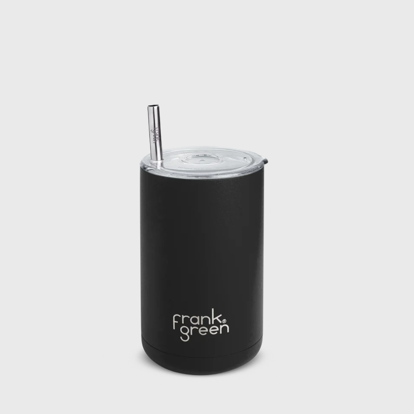 A frank green 15oz iced coffee cup with a straw, splash-proof lid, and silicone ring.